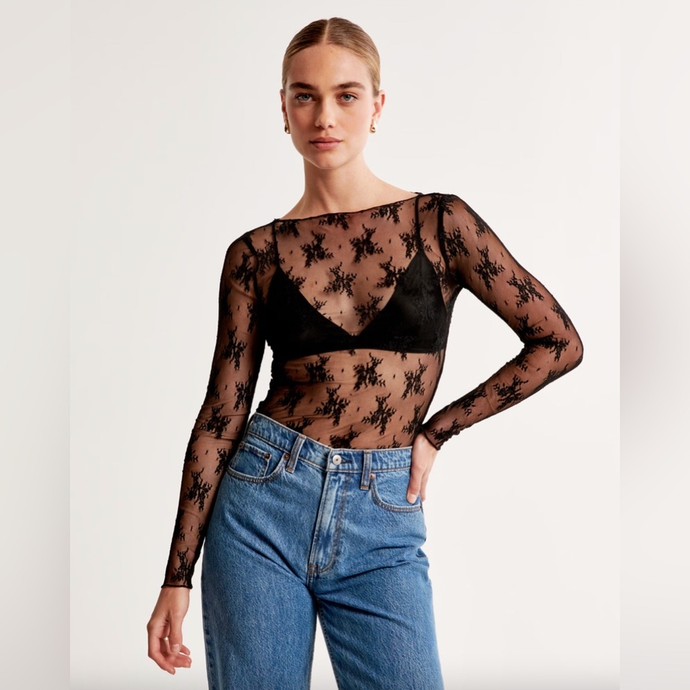 Abercrombie & Fitch Black Sheer Lace Long Sleeve Top M Y2K Fairy Grunge layering